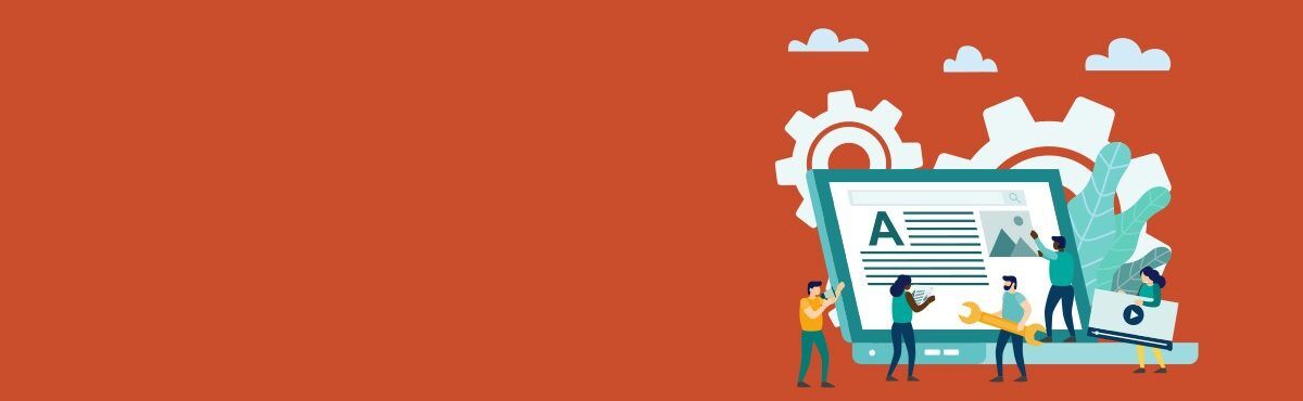 Illustration of people working on large laptop, representing B2B content marketing
