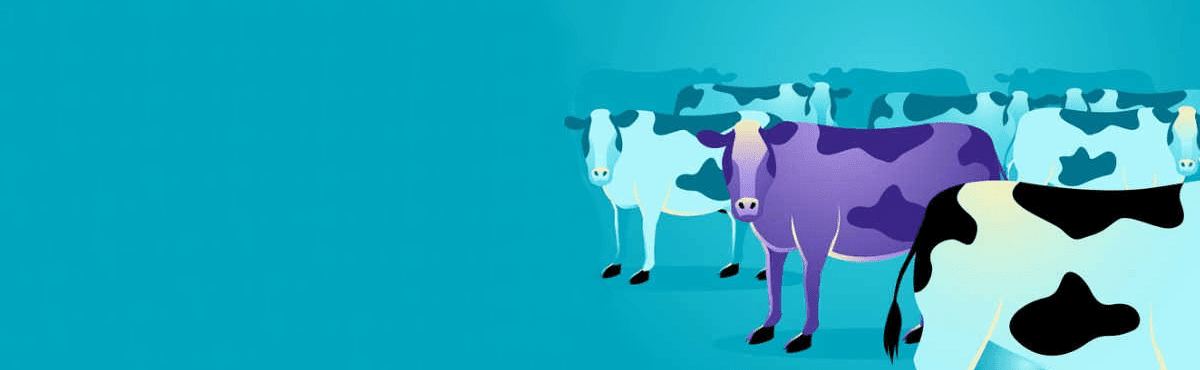 An illustration of a group of blue cows with a purple cow standing out, signifying customer profile segmentation examples.