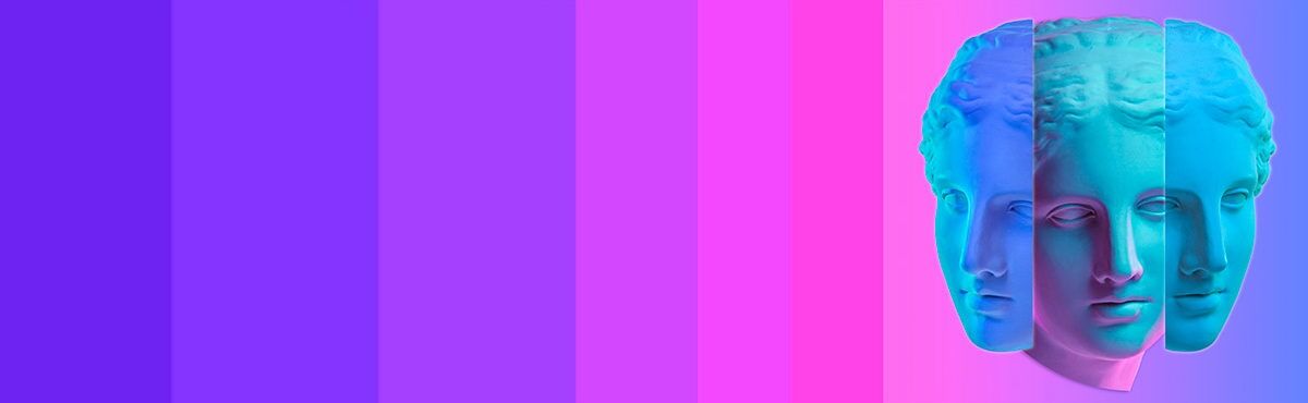 An Ancient Greek bust is sectioned in three parts over a striped background of pinks and purples. The multifaceted face represents the way additional information about customers through data allows CX to improve.