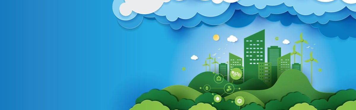 An illustration of a green cityscape with a blue sky and energy iconography representing how cloud helps companies reach their sustainability goals.