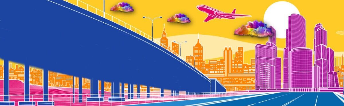 Illustration of an airplane flying over a street and expressway with a city in the background, representing retail supply chain management.