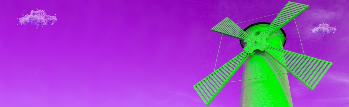 Illustration of bright green windmill against a purple sky, with data clouds, representing AI in energy and utilities.