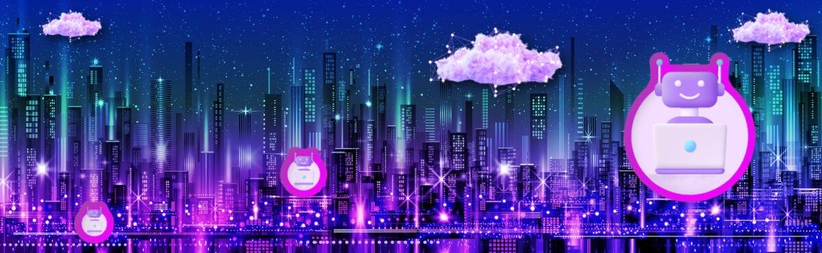 Illustration of a city at night with neon glow. It has AI bots and data clouds in the sky, representing AI in public sector.