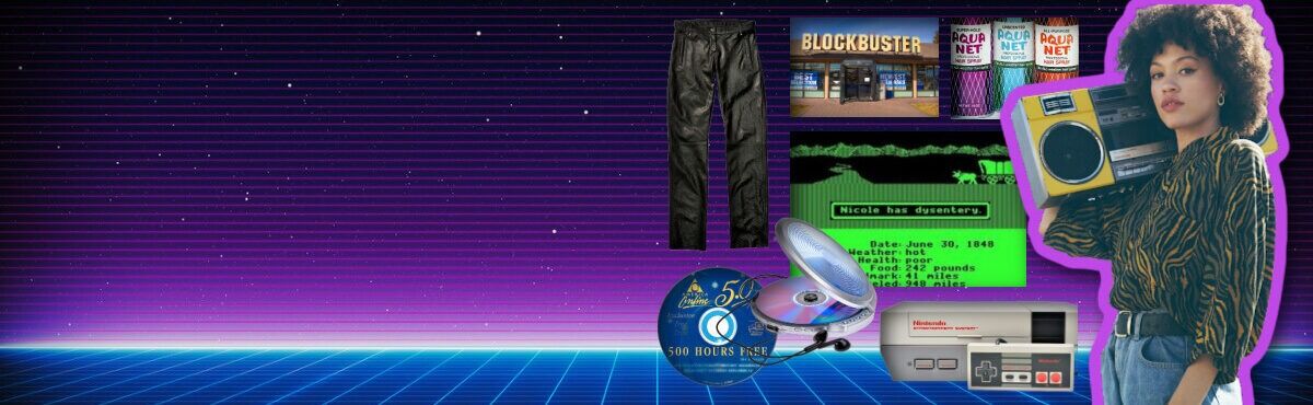 Neon retro background, featuring Millennial memorabilia, including a woman with a boombox, parachute pants, Blockbuster Video, an AOL disc that says “500 free hours”, Oregon Trail video game, Nintendo 64 game counsel, Aqua Net hairspray, and a disc man, representing Millennial demographics.