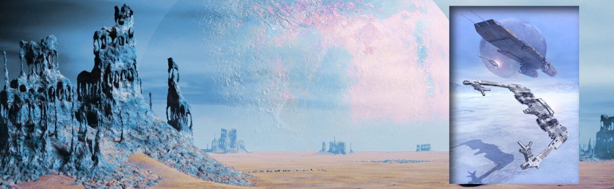 Illustration of an alien planet landscape with rock formations and space fighters flying with a mothership in background, representing star wars resistance quotes.
