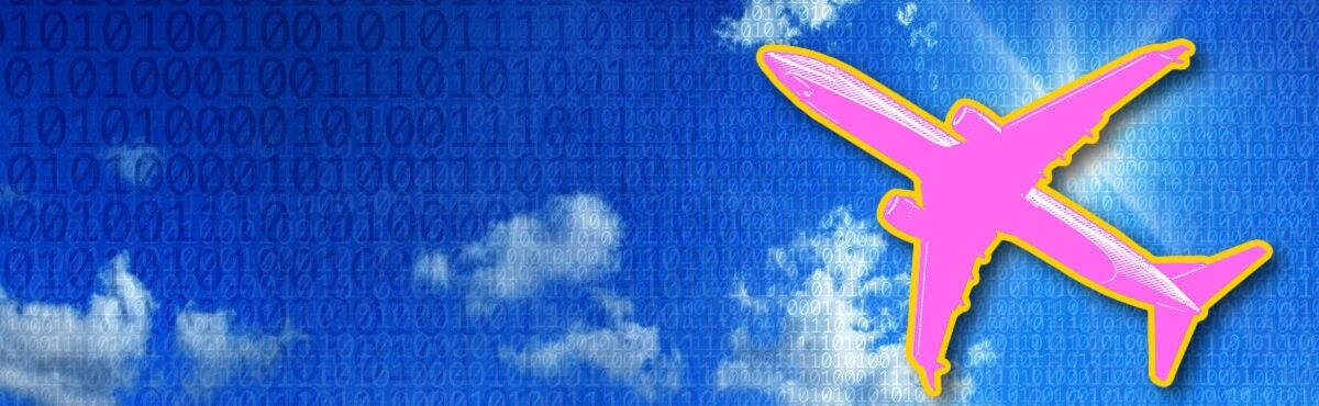 Conceptual technology image of clouds in blue sky with binary code and a plane flying, representing how AI can improve airline safety.