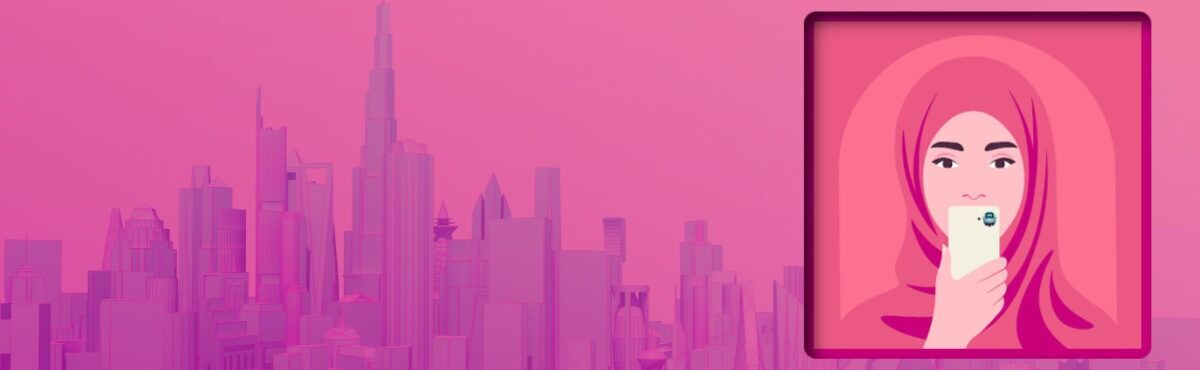 Illustration of a Muslim woman looking at her phone, which has an AI bot on it, and a city scape in the background, representing AI use cases in government for better citizen engagement and experience.