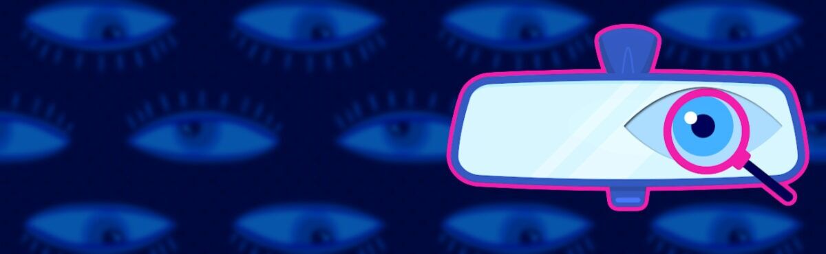 Illustration of a automobile rearview mirror with a spy eye and magnifying glass on it, set against a backdrop of eyes, representing data privacy in connected cars.