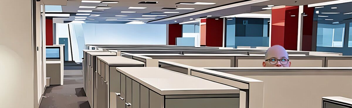 An illustration of an energy vampire with glowing blue eyes peering over an office cubicle dividing wall