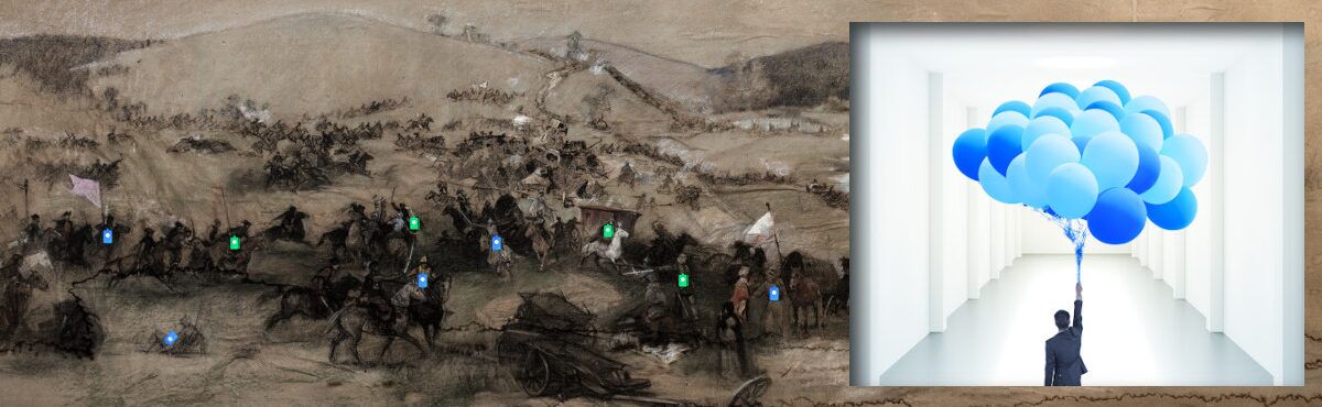 Illustration of a landscape painting reflecting a battlefield with the soldiers wearing green and blue badges, with an image of a man walking down a white hallway at work carrying blue balloons, representing Severance quotes for work.
