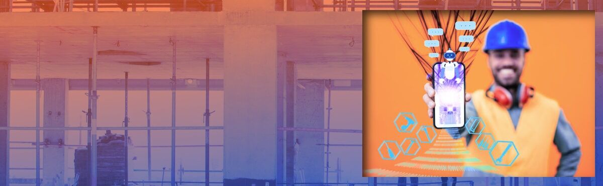 Construction worker in a hardhat, holding out a mobile device with an AI bot and construction symbols coming out from the phone, representing how AI on the job site can improve jobsite safety and productivity.