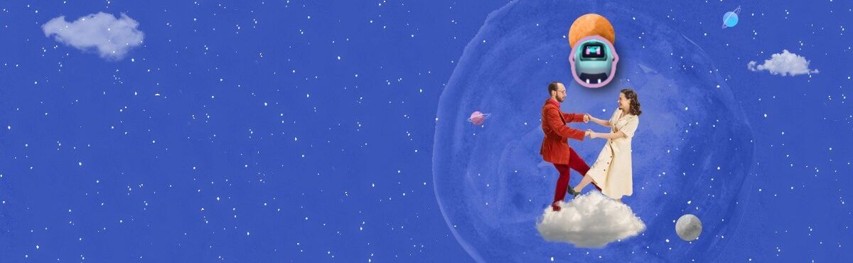 Illustration of a couple dancing on a cloud against a backdrop of the sky and galaxies with an AI bot floating above them, representing AI storytelling.