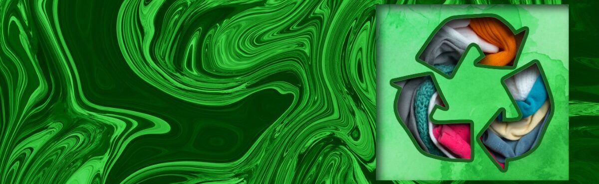 Image of colorful clothes as the backfill to a cutout of a recycling symbol, set against a green marble background, representing the rental economy surging among younger generations who prefer to rent products rather than buy them.
