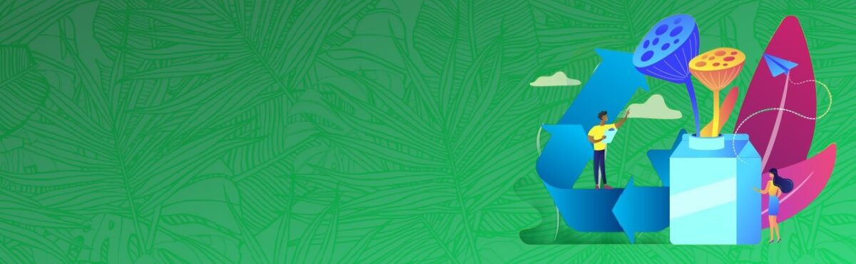 Illustration of people with large packaging and sustainability icons, representing the future of packaging.