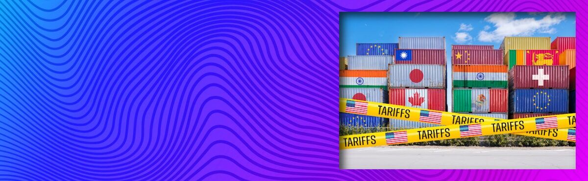 Shipping containers adorned with global flags, barricaded by US Tariffs tape, representing port slowdowns amid tariffs