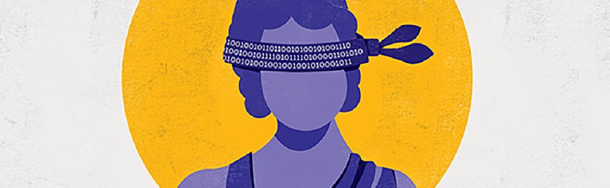 Illustration of woman with blindfold over her eyes, representing online fairness.
