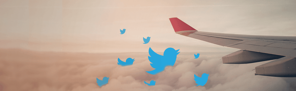 image of airplane wing overlooking clouds, with twitter icons following, representing using twitter for customer service