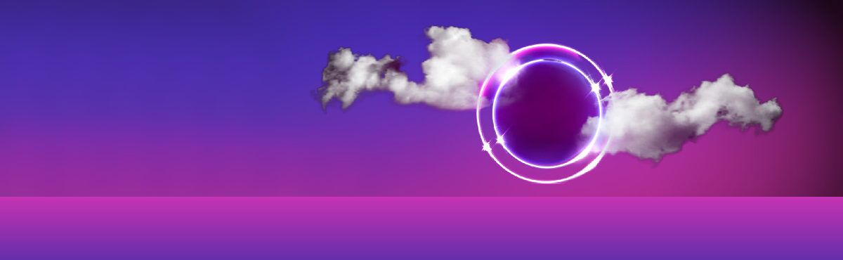 3D clouds with two neon circles in the middle, representing digitization digitalization and digital transformation and cloud technology.