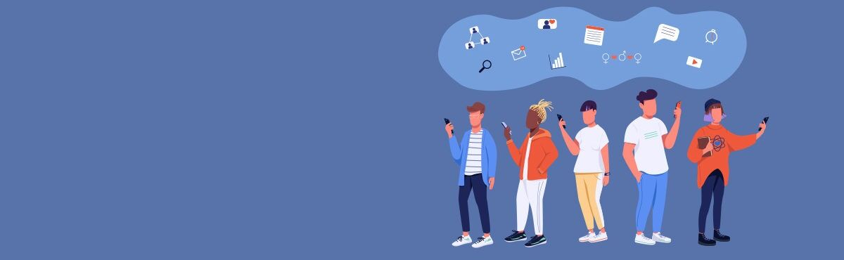 Image is an illustration of five people of different genders and ethnicities standing in a line with symbols of communication floating over their heads, representing how to manage Millennials and Gen Z at work.
