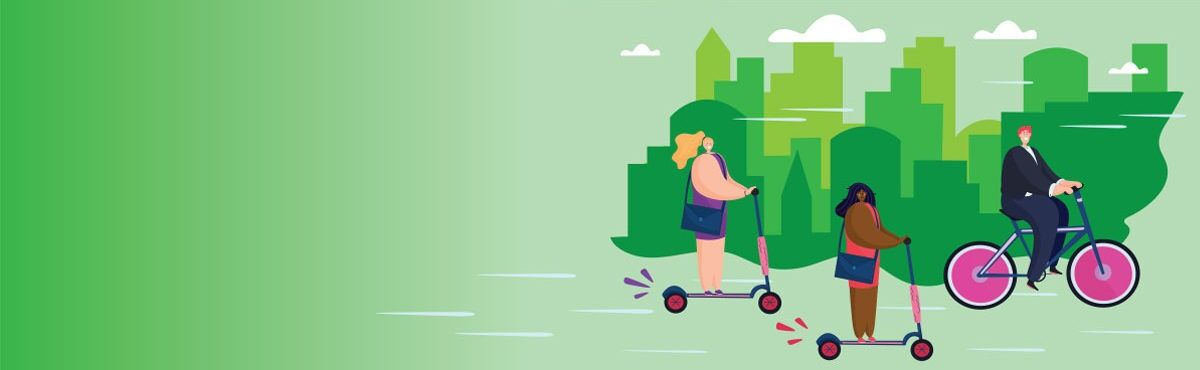 Two women ride scooters, while a man rides a bicycle in front of a green city backdrop. They are promoting sustainability and consumer preferences. Green CX and an ESG data strategy can help provide sustainable experiences.