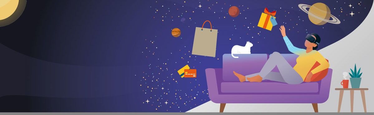 Woman sitting on a sofa with stars behind her, and shopping icons floating around her head, representing the Metaverse.