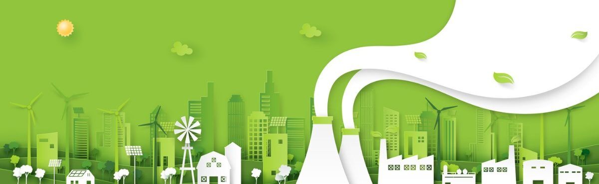 Green industry and clean energy on eco friendly cityscape background, representing ESG meaning.