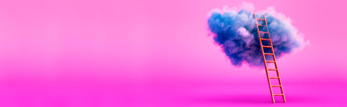 A ladder reaches up to a blue puffy cloud against a bright pink background, representing ERP modernization.