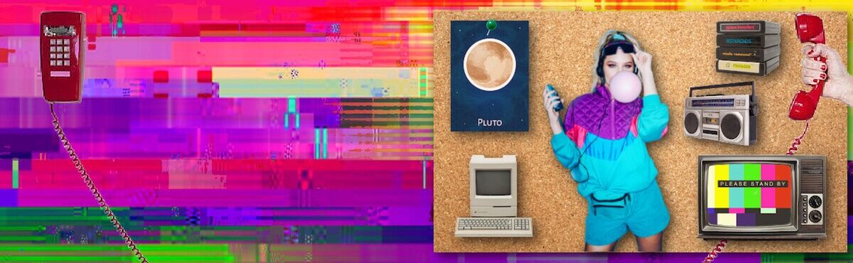 Glitching tv background, with a bulletin board featuring Gen X memorabilia, including an old Macintosh computer, girl blowing bubble gum, poster of Pluto, TV with "please stand by" text, boombox, Atari video games, and landline phone, representing Generation X demographics.