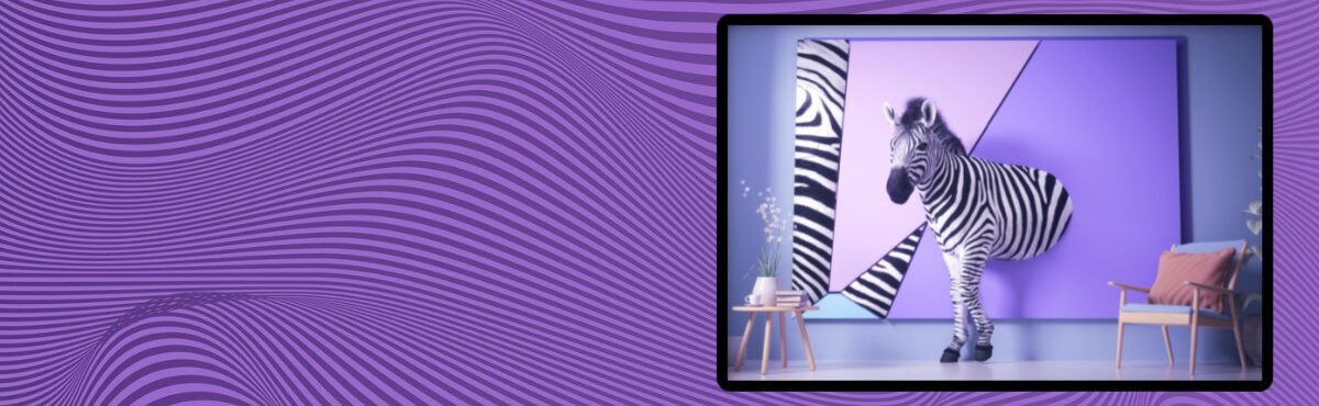 Illustration of a zebra walking out of an abstract painting with an artificial intelligence and creativity concept, representing AI customer experience.