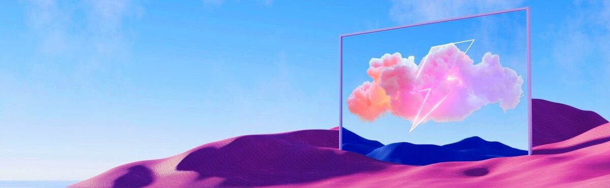 Surreal pastel landscape with video screen featuring a lightning bolt and multi-colored clouds, representing how to boost conversions with video commerce.